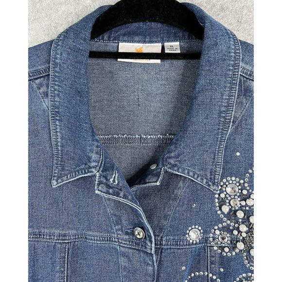Quacker Factory Womens XL Denim Jacket Rhinestone Pearl Butterfly Embellished - Picture 10 of 16